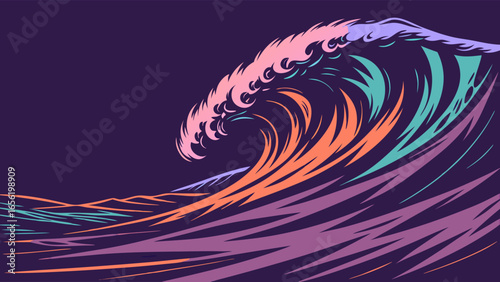 Stylized Abstract Ocean Wave with Teal Orange and Purple Hues.