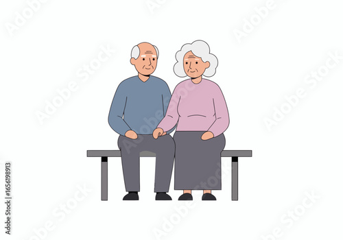 Lovely senior couple holding hands sitting together on bench in peace and love, enjoying retirement