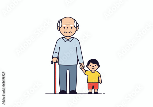 Adorable grandson holding hands with his loving grandfather in a tender family moment illustration
