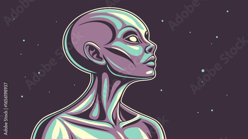 Stylized Alien Portrait with Smooth Skin and Blank Eyes Looking Up.