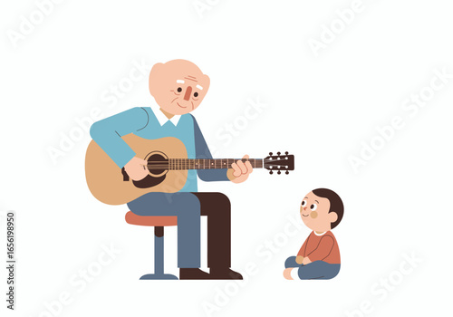 Grandfather serenades grandson with acoustic guitar songs creating lasting memories and happy family times