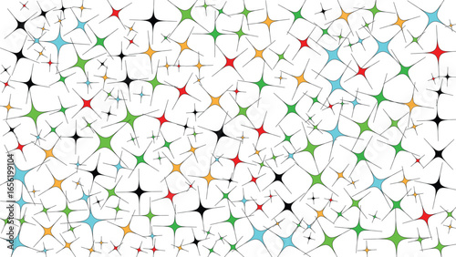 Chaotic, colorful starbursts on white. Perfect for festive designs, backgrounds, invitations, and dynamic graphic projects needing vibrant elements.