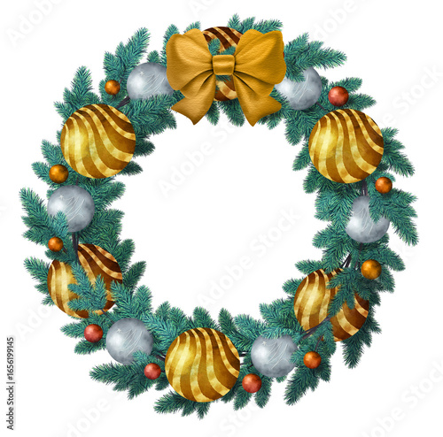 Christmas spruce wreath with golden decoration.