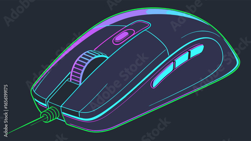 Stylized Computer Mouse with Neon Outlines and Scroll Wheel.