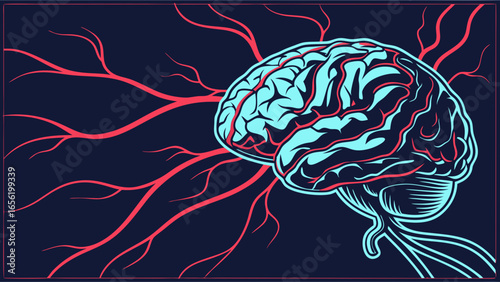 Stylized Human Brain with Red Veins Illustration.