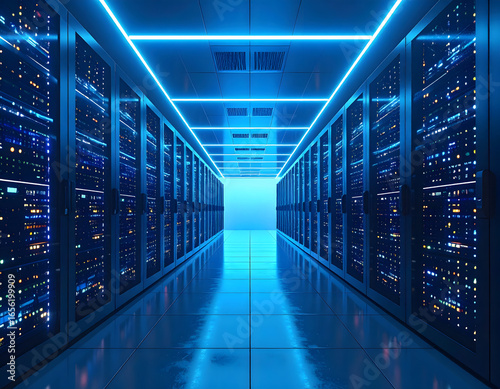 Digital Domain: A modern data center hallway bathed in cool blue light, highlighting rows of server racks and the cutting-edge technology that powers the digital world.