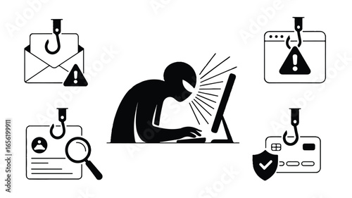 Online Phishing Scam Depicted with Computer User and Hook Icons Representing Email Identity Website and Credit Card Theft