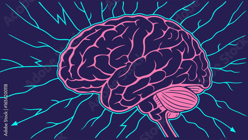Stylized Pink Brain with Blue Neuronal Network.
