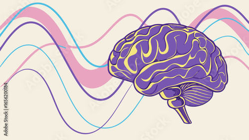 Stylized Purple Brain Illustration with Yellow Outlines.