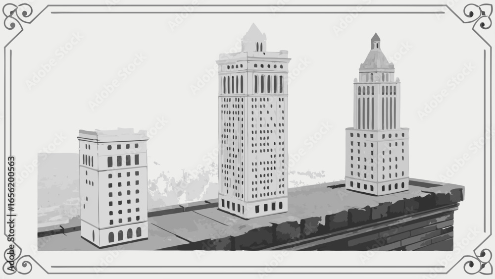Fototapeta premium Three VintageStyle Skyscraper Illustrations on a Brick Ledge.