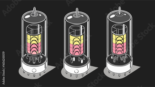 Three Vacuum Tubes with Internal Components Illustration on Black Background.