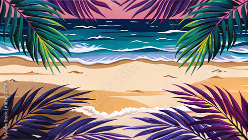 sand beach with palm leaf shadows and transparent ocean waves from above, offering a blank tropical background banner with copy space for summer design and branding.
