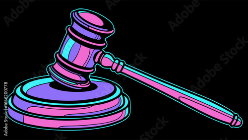 Vibrant Neon Gavel on Black Background.