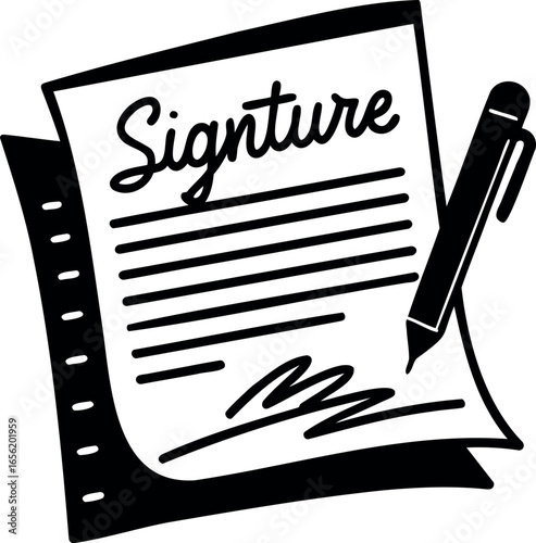 Illustration of a signature on a document being signed with a pen