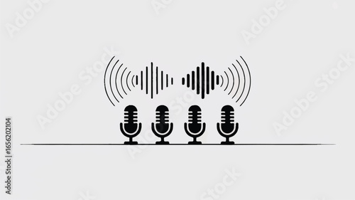 Podcast concept with vintage microphones and sound waves illustration for creative content and broadcast communication studio design