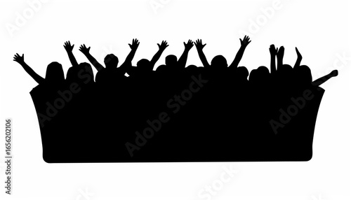 Silhouette of a crowd with raised hands cheering in a dark box shaped area at a concert performance scene