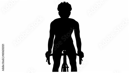 Silhouette of cyclist with helmet riding a bicycle facing forward on a white background in black and white