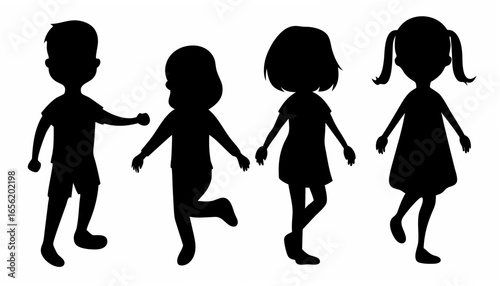 Silhouette of four children standing in a row with different hairstyles and clothing styles shown here well