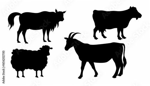 Silhouette illustration showcasing a yak, goat, sheep, and antelope standing in various positions