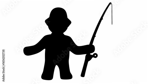 Silhouette of a person wearing a hat holding a fishing rod with a bent tip ready to catch some fish