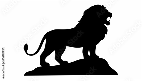 Lion silhouette standing on a rock with its mouth open roaring in a black and white illustration art