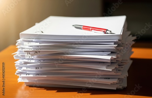 Professional teacher desk with neat stack of graded papers and red pen lit by soft sunlight reflecting organized academic discipline and preparation