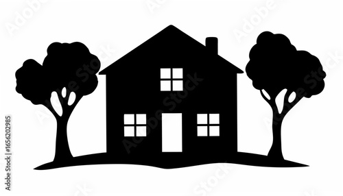 Silhouette of a house with a chimney and windows flanked by two trees on a small hill landscape