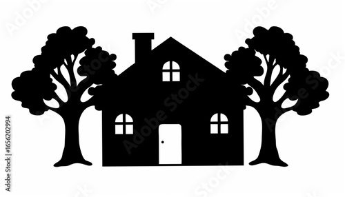 Silhouette of a house with a chimney and two arched windows flanked by two trees on either side view