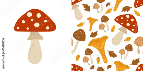 Autumn mushroom set with fly agaric, chanterelle, and forest fungi, combined with seamless fall pattern featuring woodland mushrooms and leaves.autumn clipart collection, perfect for seasonal design.