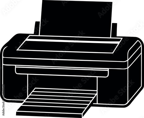 Detailed black and white image of a common modern printer on white background