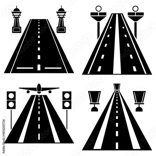 Four different perspectives of airport runways with control towers and landing airplane design elements