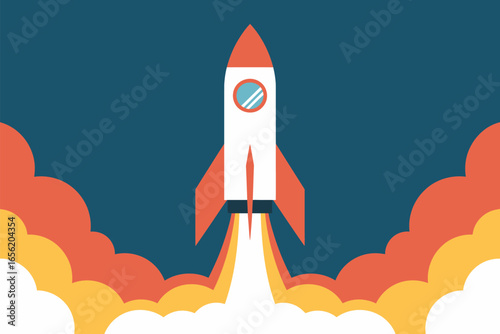 White rocket launching into space with fiery exhaust and clouds