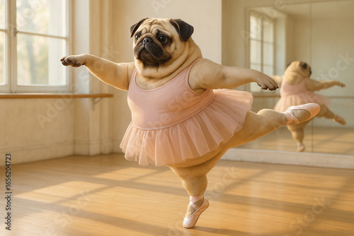 Übergewichtiger Mops tanzt Ballett auf einem Bein im rosa Tutu