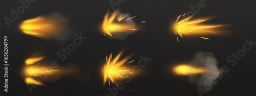 Orange fire effects from gun blast with glowing sparks and smoke trails for action scenes. Muzzle flash explosions shoot sideways with bright projectile streaks. Combat visual elements for games