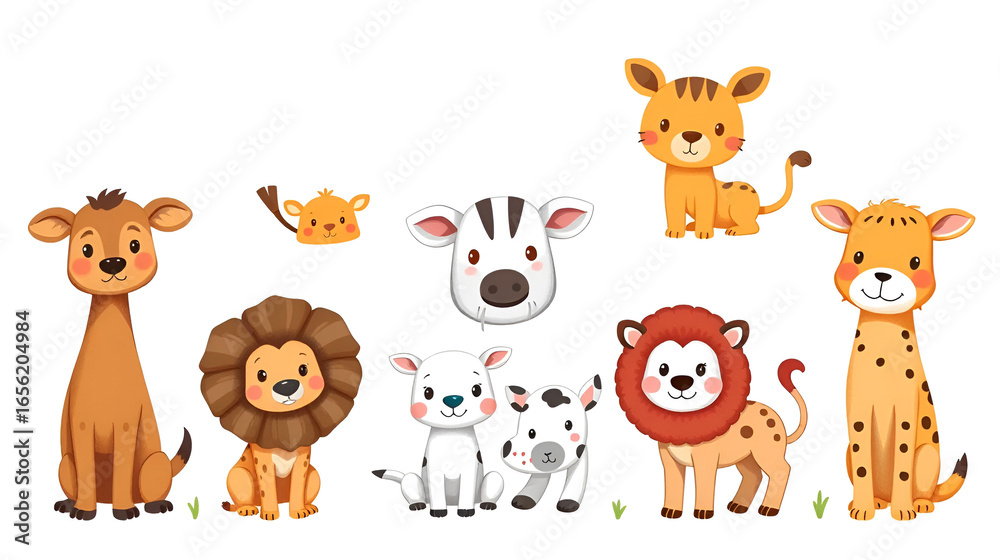 Fototapeta premium Set of diferent cartoon Eurasian animals. Cute handdrawn kids clip art collection. Vector illustration