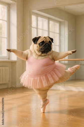 Übergewichtiger Mops tanzt Ballett auf einem Bein im rosa Tutu