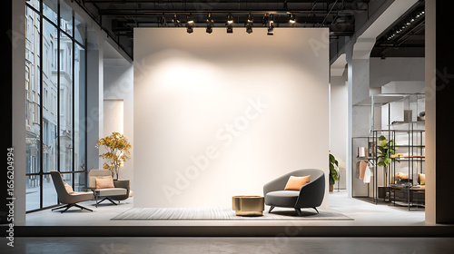 Modern interior design showroom mockup with blank wall for art display and elegant furniture setting scene