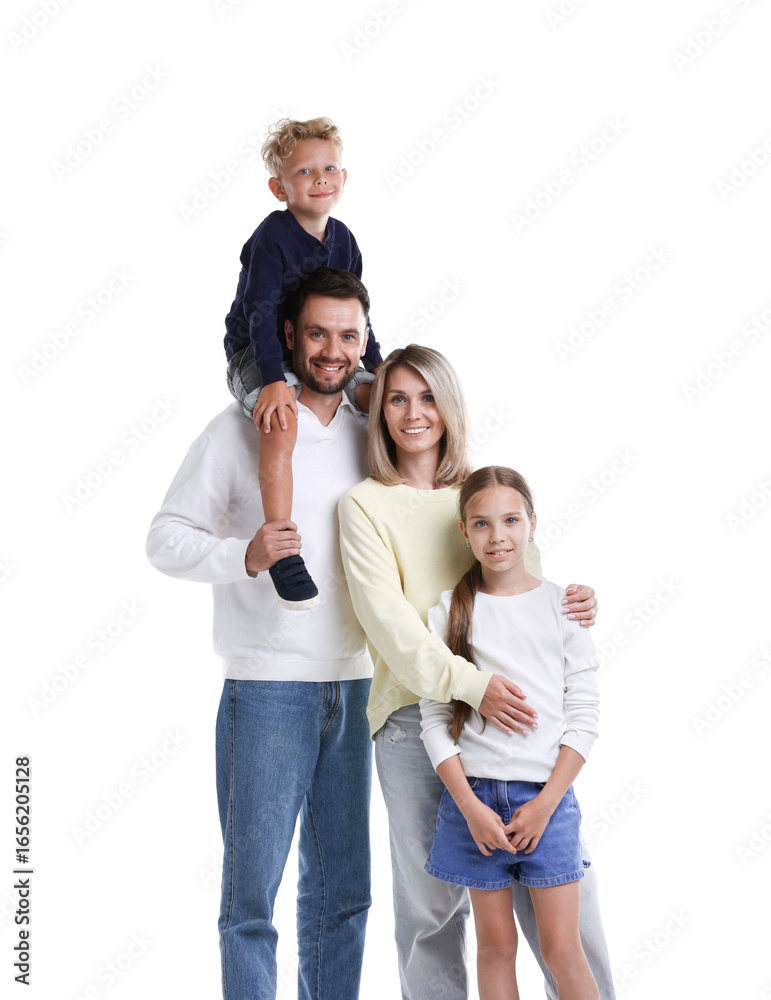 Family portrait of happy parents and their children on white background Family portrait of happy parents and their children on white background