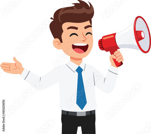 Cartoon man in white shirt, blue tie, black pants holding red megaphone, smiling with gesture hand, announcement vector illustration