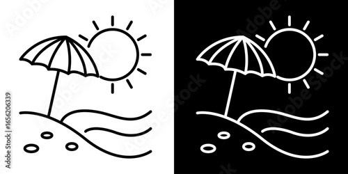 Beach Day Outline Sun, Sand, Waves, and Umbrella Vector Icon for Summer Vacation and Relaxation