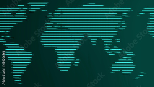 Teal digital world map with horizontal lines technology