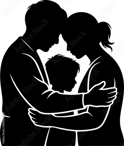 A heart-touching silhouette of three generations sharing a warm group hug