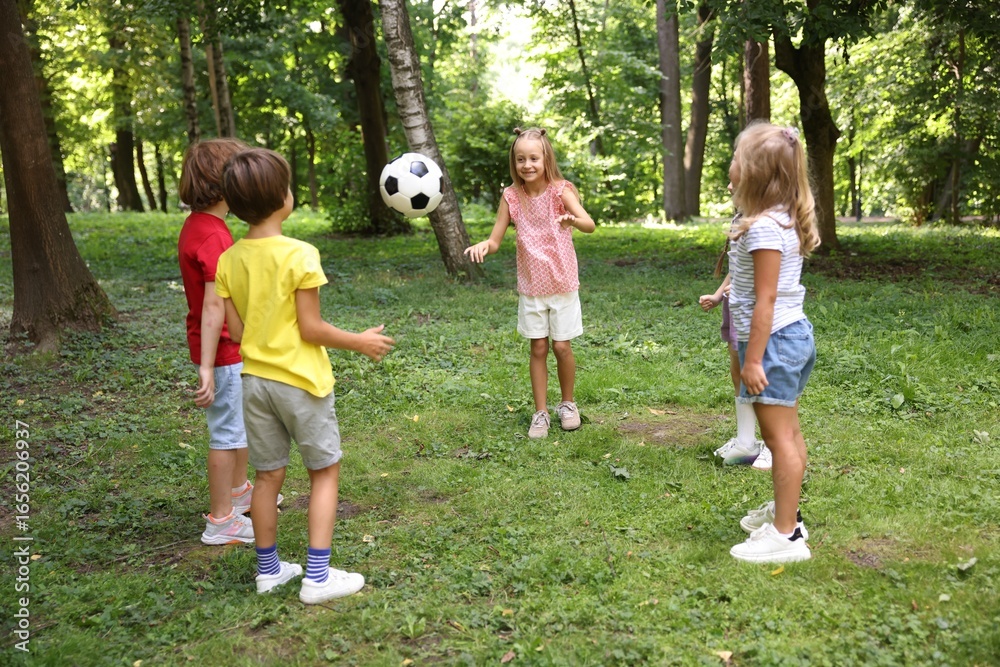 Fototapeta premium Cute little kids playing with soccer ball in park