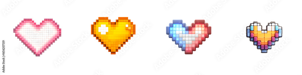 Fototapeta premium Collection of Pixel Heart Icons: Love, Gaming, Retro Style on White
