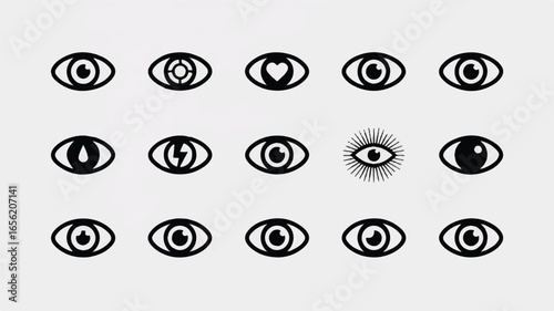 Set of Eye Icons with Different Designs in Black and White Symbolizing Vision and Sight