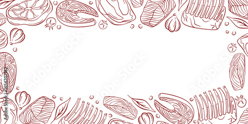 Frame design with line art style of meat, salmon fish, garlic, tomato, pepper and herbs on white background. Perfect for restaurant advertising flyer and grocery package design.