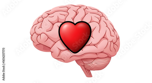 Brain with Red Heart Symbol for Love and Intelligence Concept