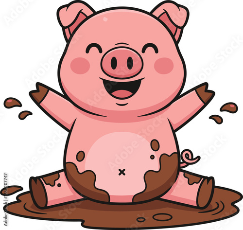 Cartoon pink pig with darker spots sitting in mud puddle, smiling with closed eyes, front legs raised, cute farm animal vector