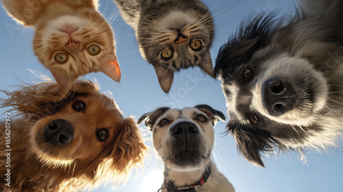 Cats and dogs standing in a circle, looking down at the camera with curious expressions against the blue sky. Animal and friendship concept
