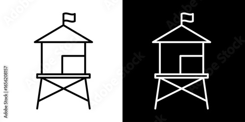 Minimalist line art icon illustration of a beach lifeguard observation tower with a flag, symbolizing coastal safety and summer leisure.